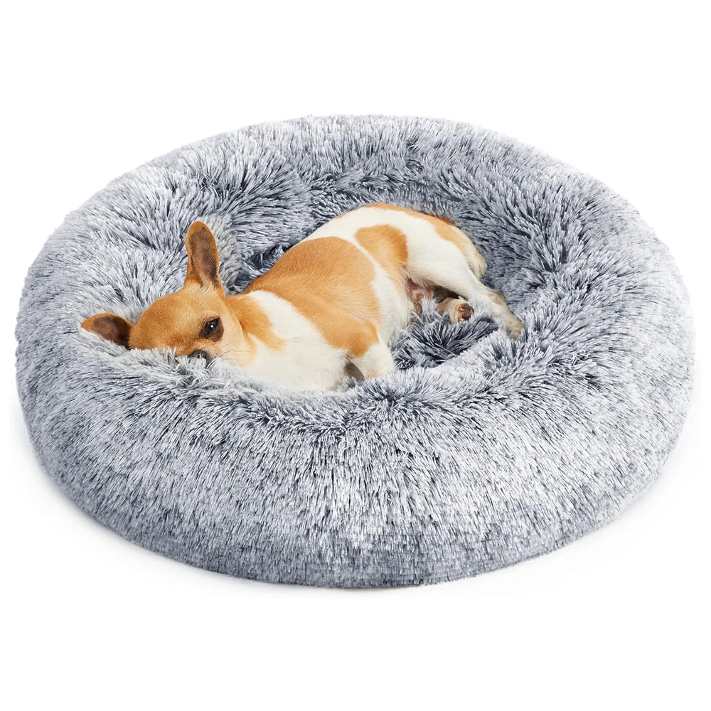 Dwellza Fluffy Donut Dog & Cat Bed, Washable Round Cushion with Removable Padding & Non-Slip Base, 50 cm, Grey