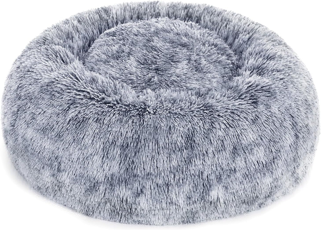 Dwellza Fluffy Donut Dog & Cat Bed, Washable Round Cushion with Removable Padding & Non-Slip Base, 50 cm, Grey