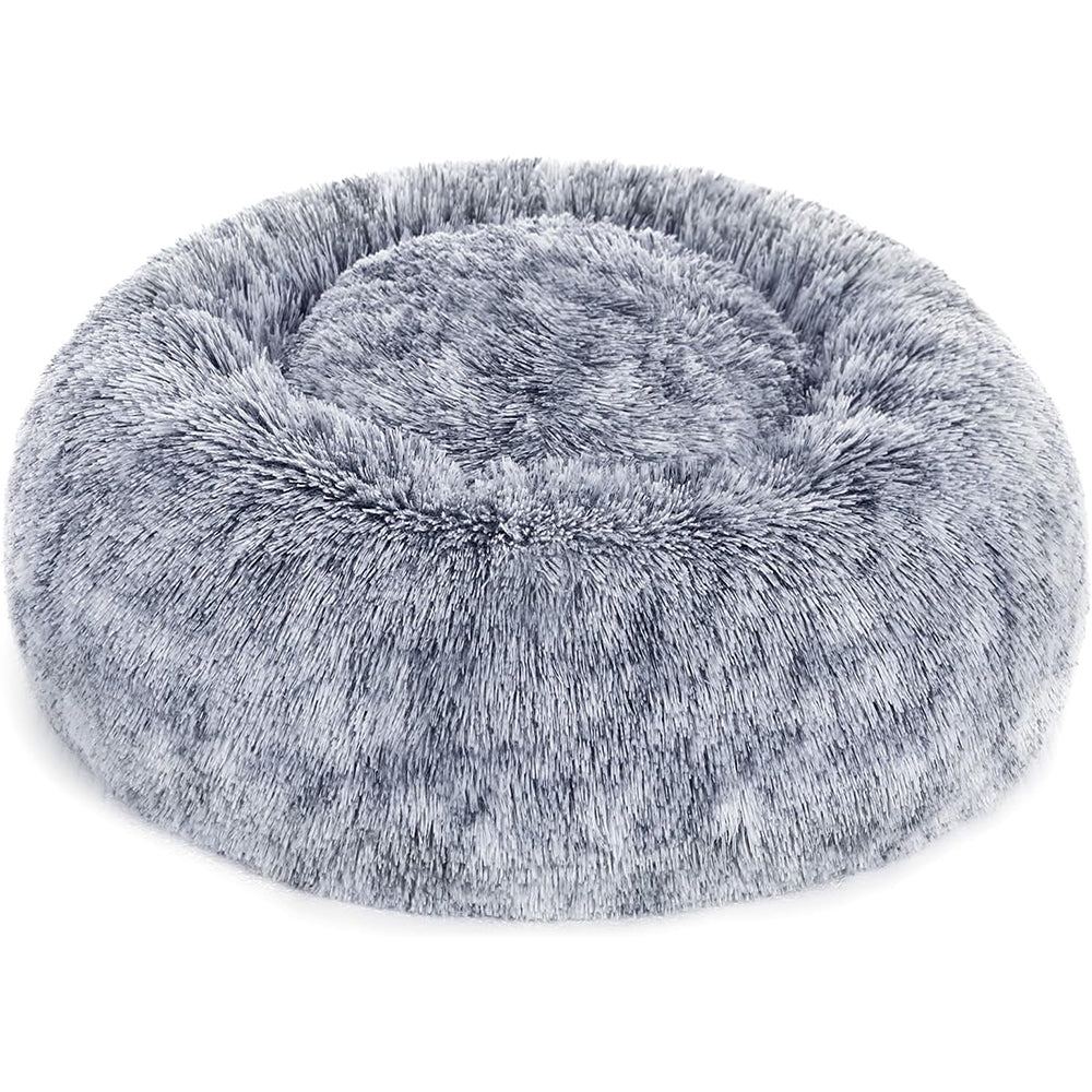 Fluffy Donut Dog & Cat Bed, Washable Round Cushion with Removable Padding & Non-Slip Base, 50 cm, Grey