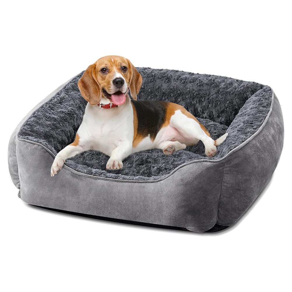 Dwellza Dog Bed Medium – Washable Rectangle Pet Bed with Plush Faux Fur, Calming Design & Non-Slip Base, Grey
