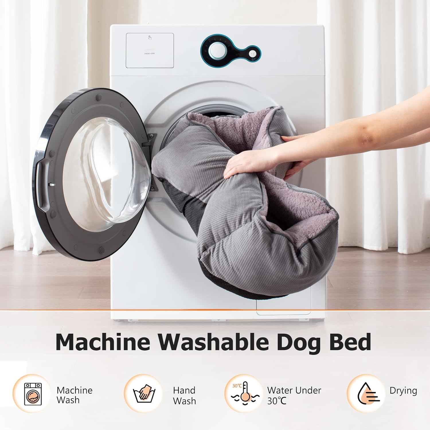 Dwellza XL Dog Bed – Washable Water Resistant Pet Bed with Plush Faux Fur & Non-Slip Base, Grey