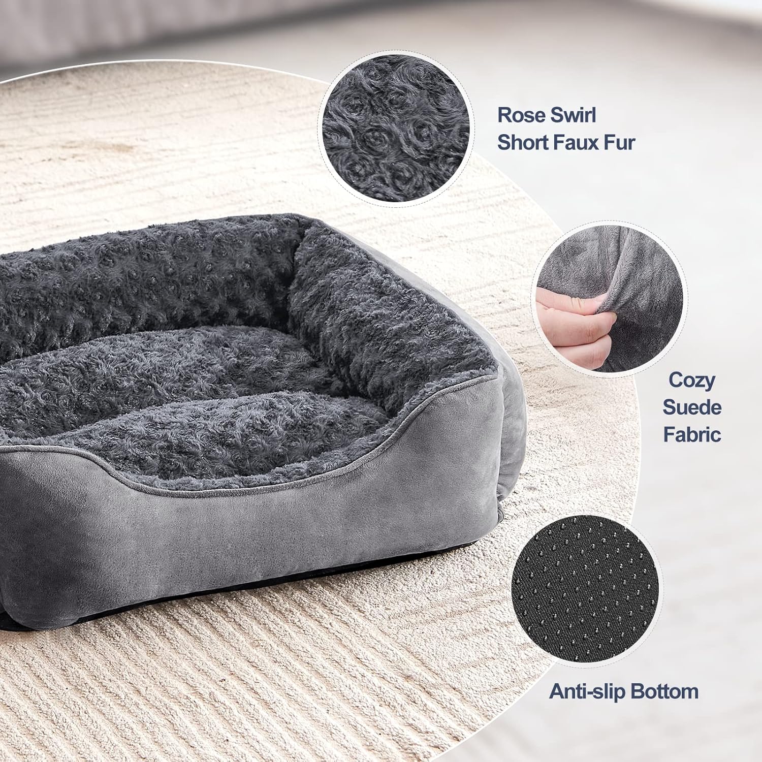 Dwellza Dog Bed Medium – Washable Rectangle Pet Bed with Plush Faux Fur, Calming Design & Non-Slip Base, Grey