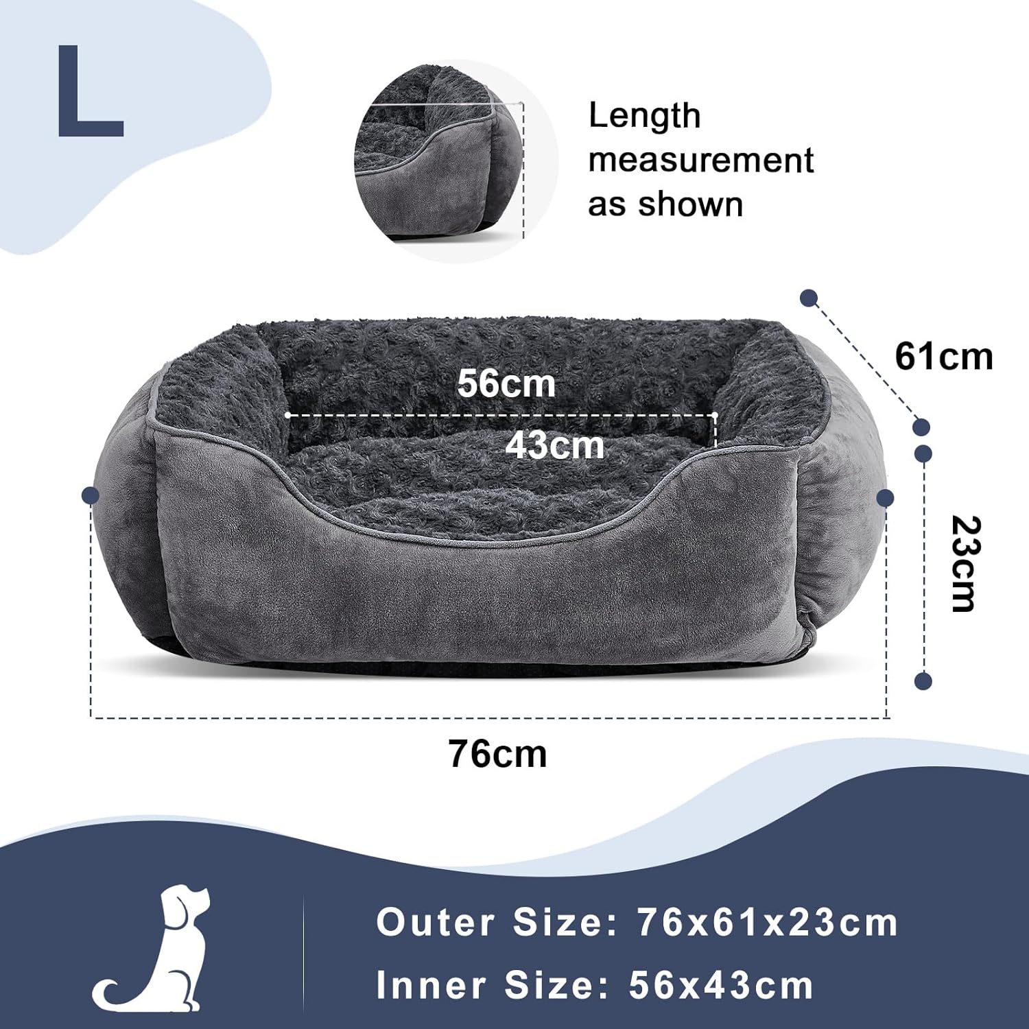 Dog Washable Bed Rectangle Pet Bed with Plush Faux Fur, Calming Design & Non-Slip Base, Grey