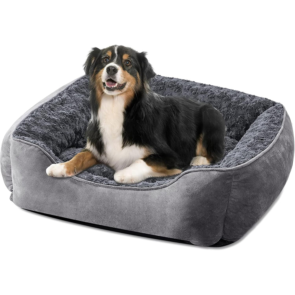 Dog Washable Bed Rectangle Pet Bed with Plush Faux Fur, Calming Design & Non-Slip Base, Grey