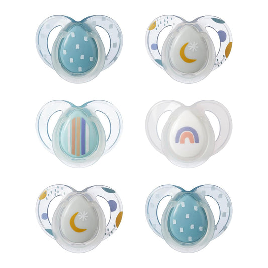 Night Time Silicone Pacifiers – Glow-in-the-Dark, BPA-Free, Symmetrical Design | 6–18 Months, 6-Pack (Blue & Rainbow)