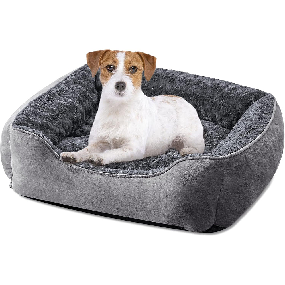 Dog Washable Bed Rectangle Pet Bed with Plush Faux Fur, Calming Design & Non-Slip Base, Grey