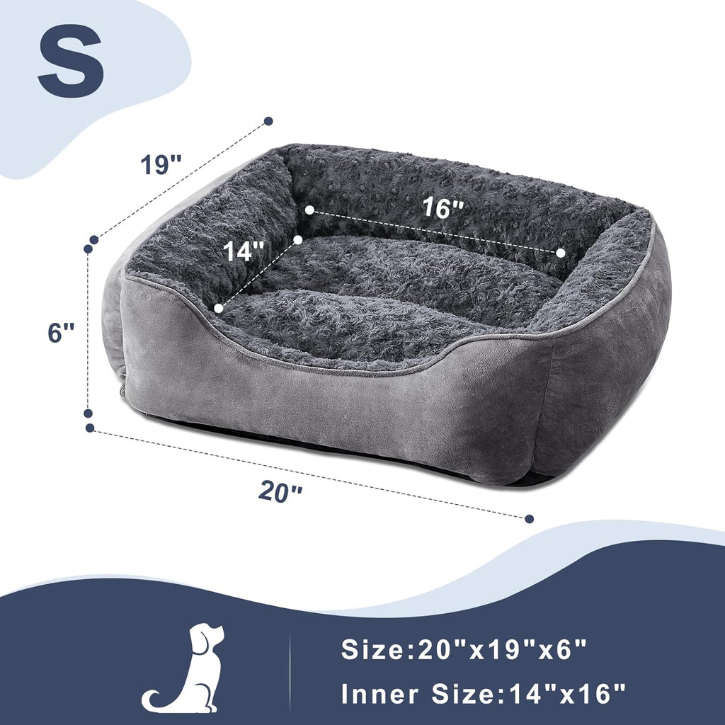 Dog Washable Bed Rectangle Pet Bed with Plush Faux Fur, Calming Design & Non-Slip Base, Grey
