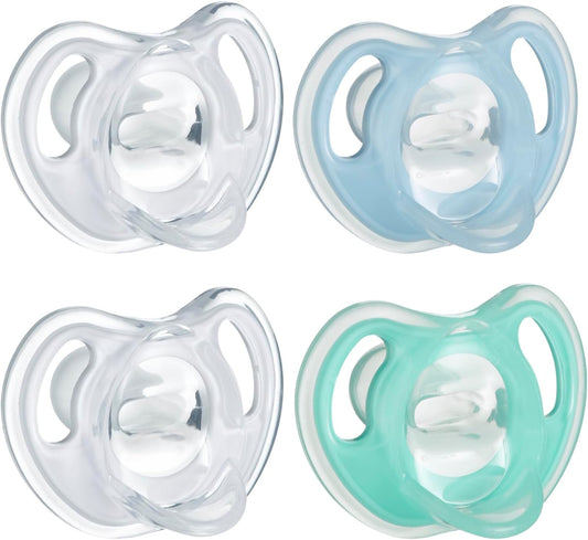Ultra-Light Silicone Pacifiers – BPA-Free, One-Piece Symmetrical Design | 0–6 Months, 4-Pack (Light Blue & Light Green)